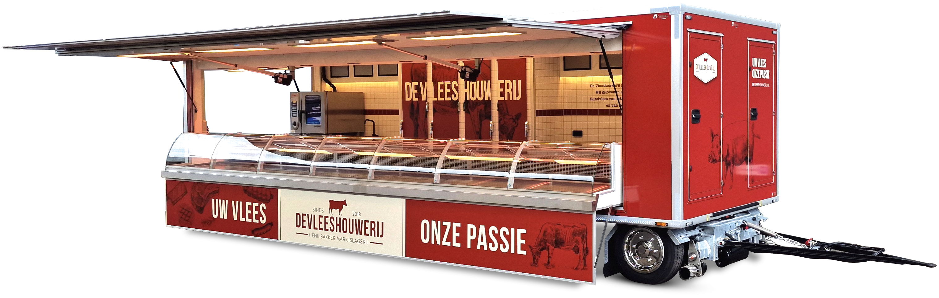 Zijaanzicht van een aanhangwagen voor vlees met geopende luifel