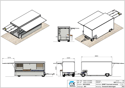 Tekening vanuit diverse aanzichten van een aanhangwagen voor diverse branches