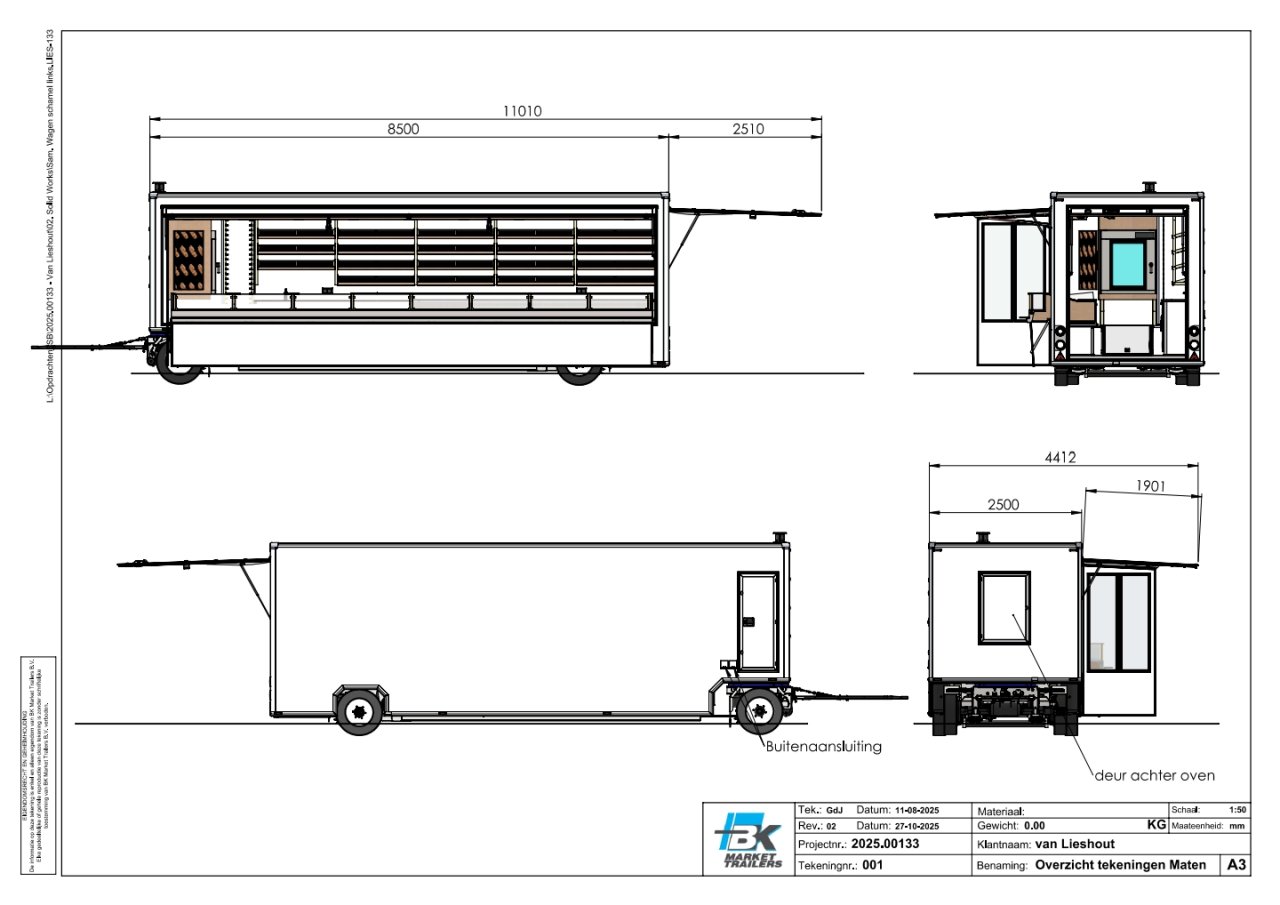 Tekening van een verkoopwagen voor brood vanuit diverse aanzichten