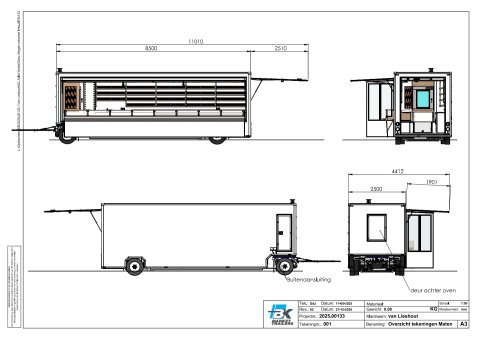 Tekening van een verkoopwagen voor brood vanuit diverse aanzichten
