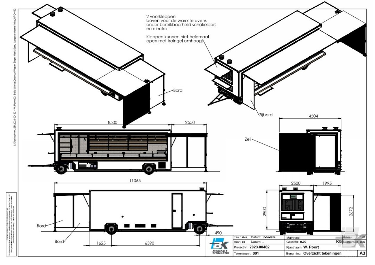 Tekening van een verkoopwagen voor brood en banket vanuit diverse aanzichten