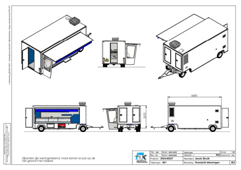 Tekening vanuit diverse aanzichten van een aanhangwagen voor vis