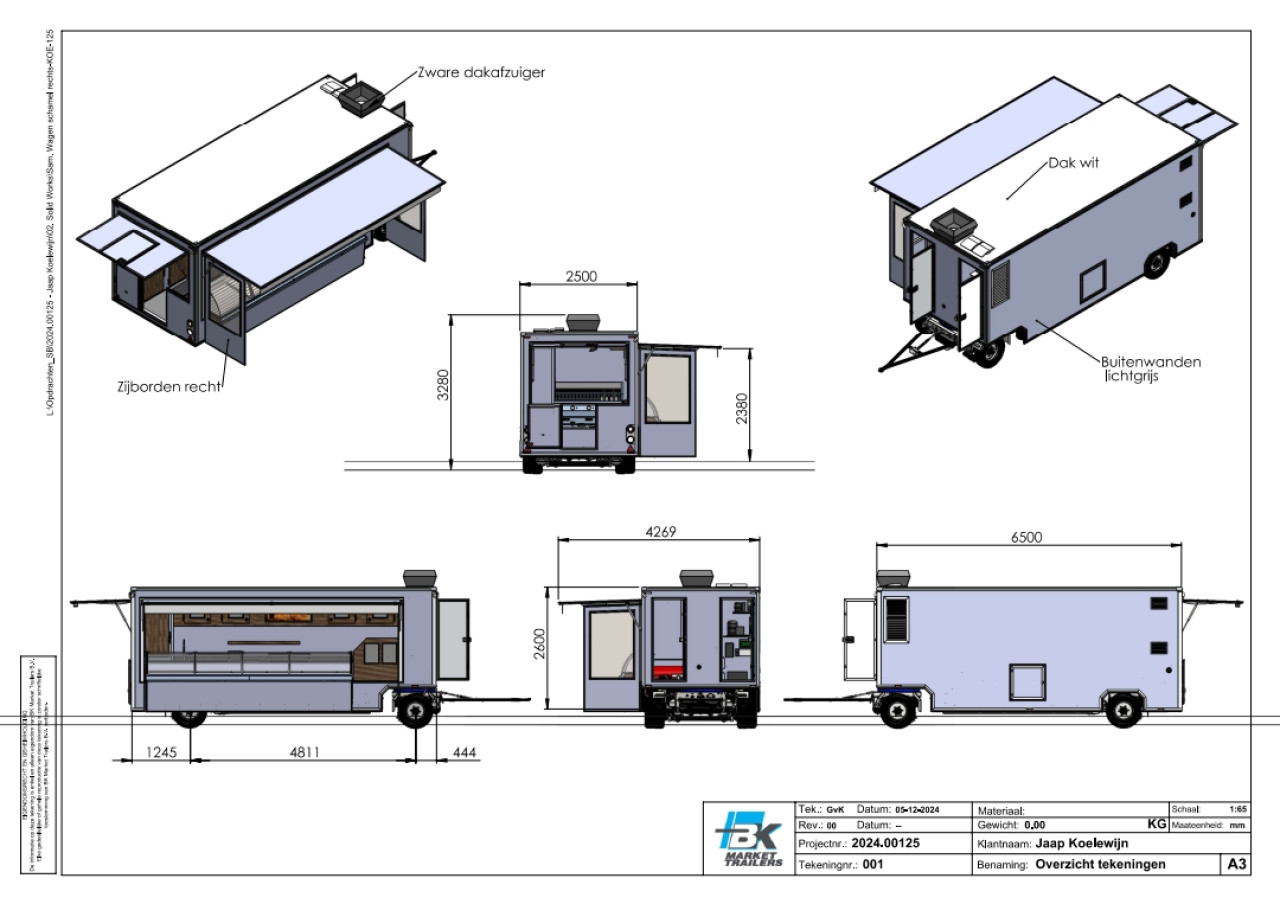 Tekening vanuit diverse aanzichten van een aanhangwagen voor vis