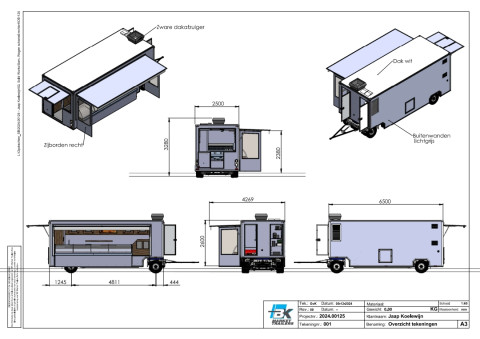 Tekening vanuit diverse aanzichten van een aanhangwagen voor vis